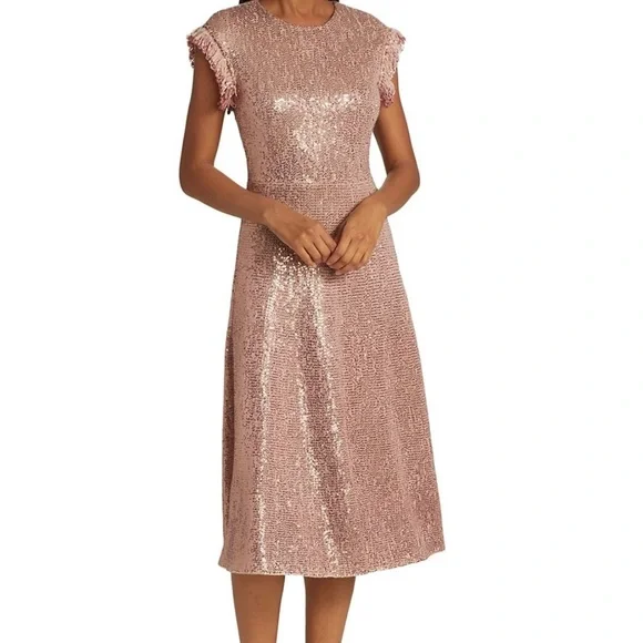 St John’s Sequin Knit Cap Sleeve Fit & Flare Dress W/ Fringe Trim Detail - Lined - Picture 9 of 9